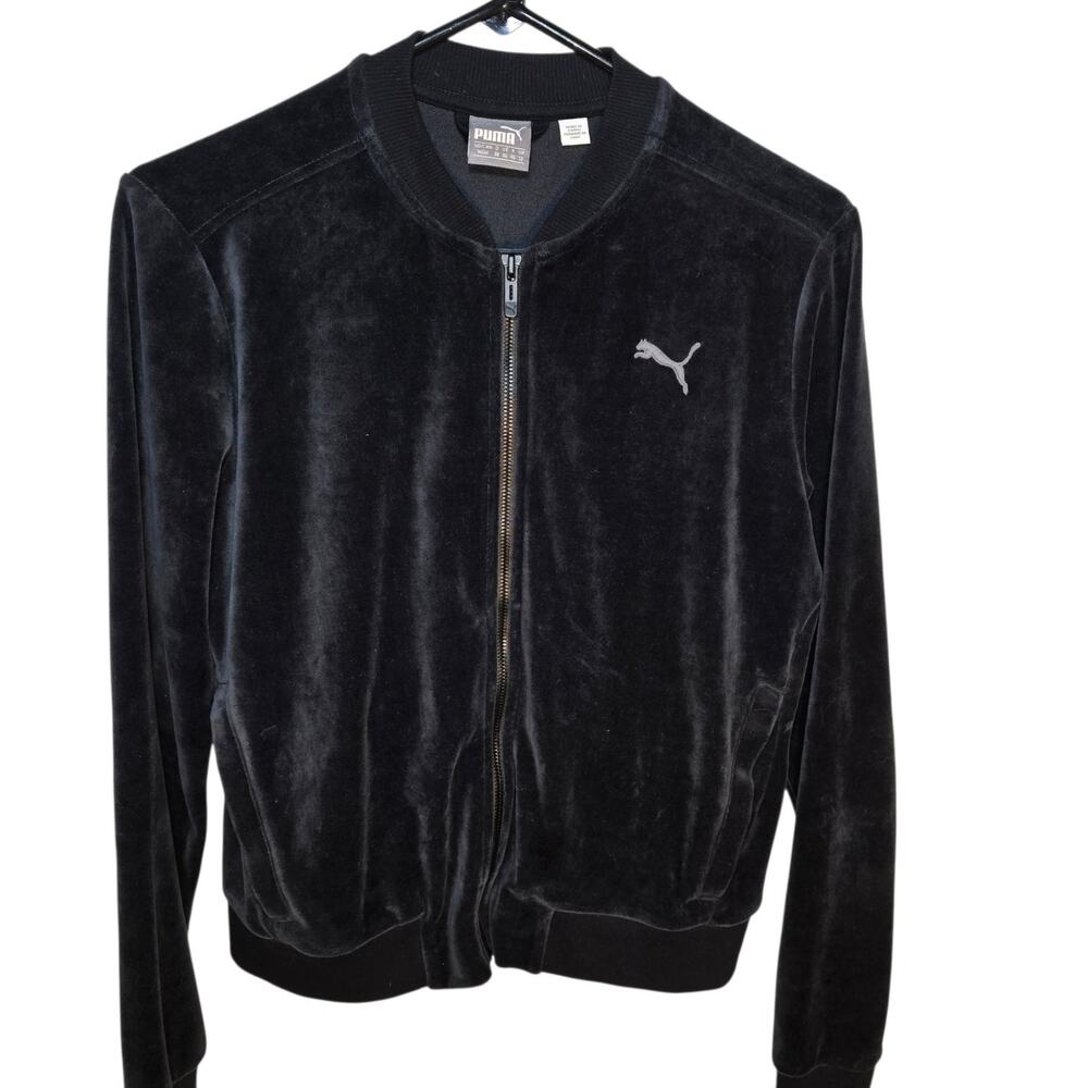 Vtg Puma Womens Black Velour Full Zip Track Jacket Y2k Athleisure Sz Medium EUC